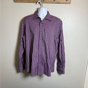 Bugatchi Uomo Pink Navy Check 100% Cotton Button Down Dress Shirt Size XL